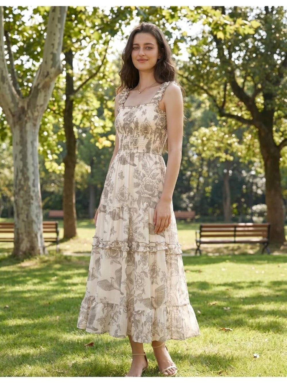 Women's Floral Dress Flowy Sundress Smocked Coffee Floral Cottage core Dresses - Picture 5 of 6